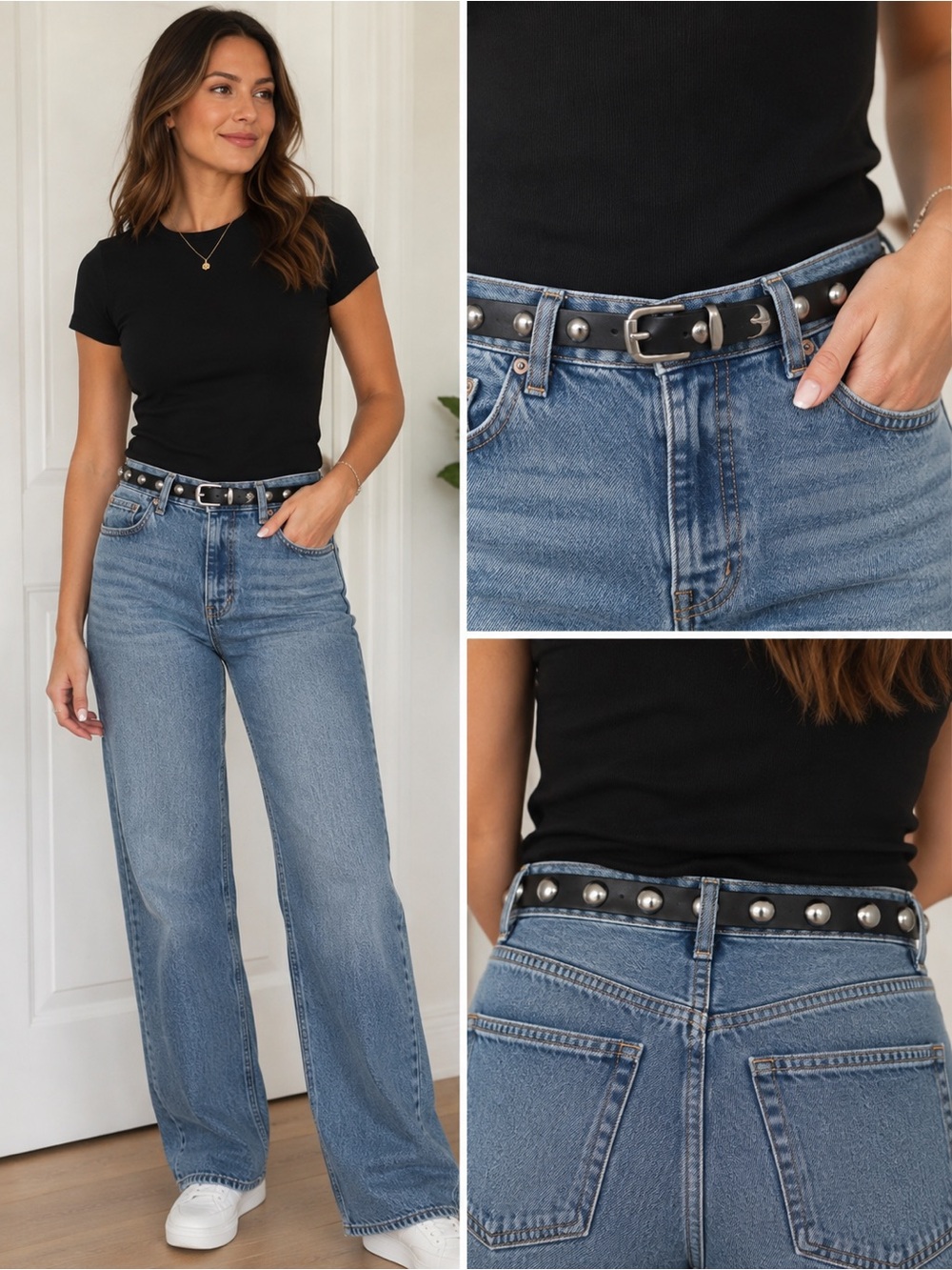 GAP Black Leather Studded Belt with Silver Buckle